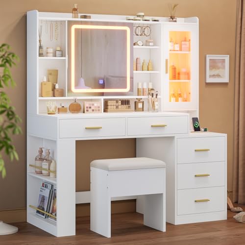 White 47.2"W Vanity Desk with Sliding LED Lighted Mirror, Drawers, Shelves and Side Storage V683865