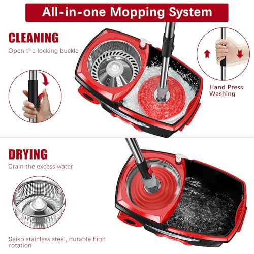 360° Spin Mop and Bucket Set with Wringer, 6 Microfiber Heads, Black K6228