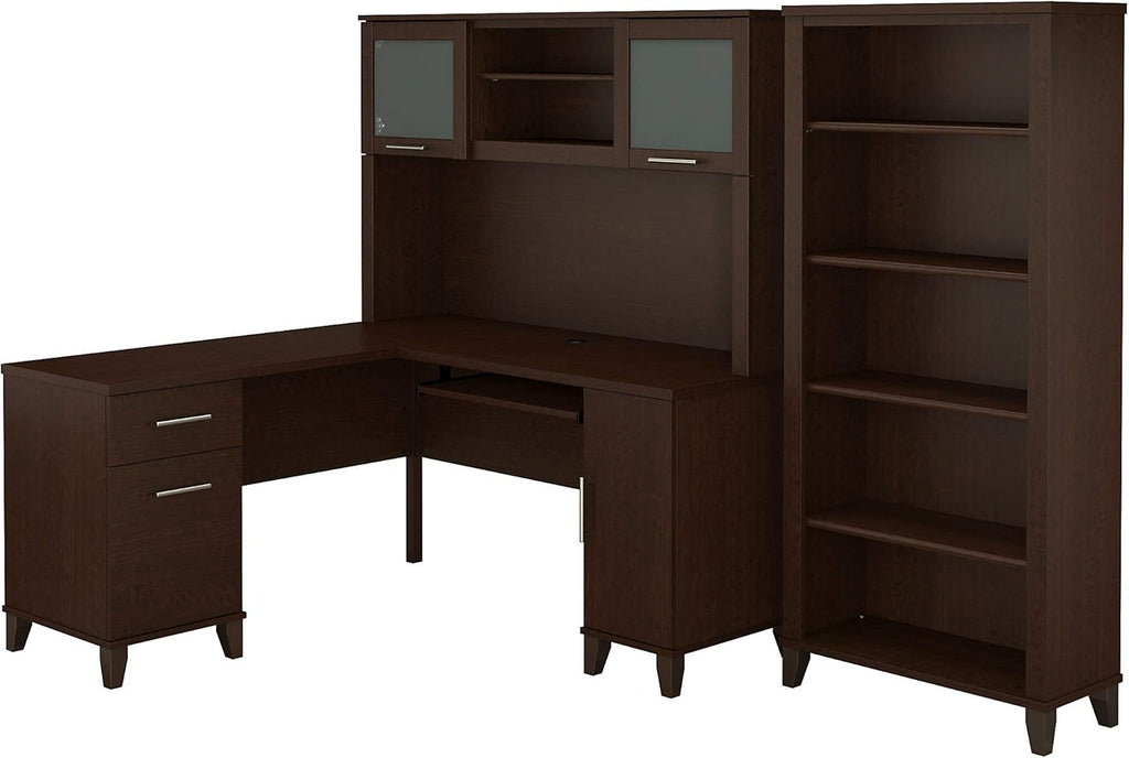 L Shaped Desk with Hutch and 5 Shelf Bookcase T4998