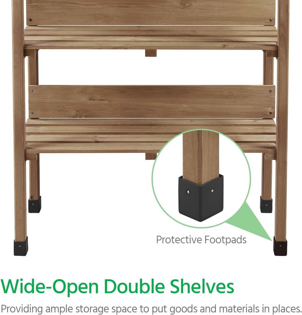 Brown Wooden Potting Bench with Metal Tabletop and Storage Shelf F390546