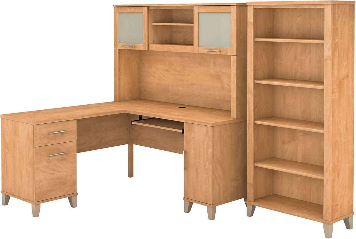 L Shaped Desk with Hutch and 5 Shelf Bookcase T4998