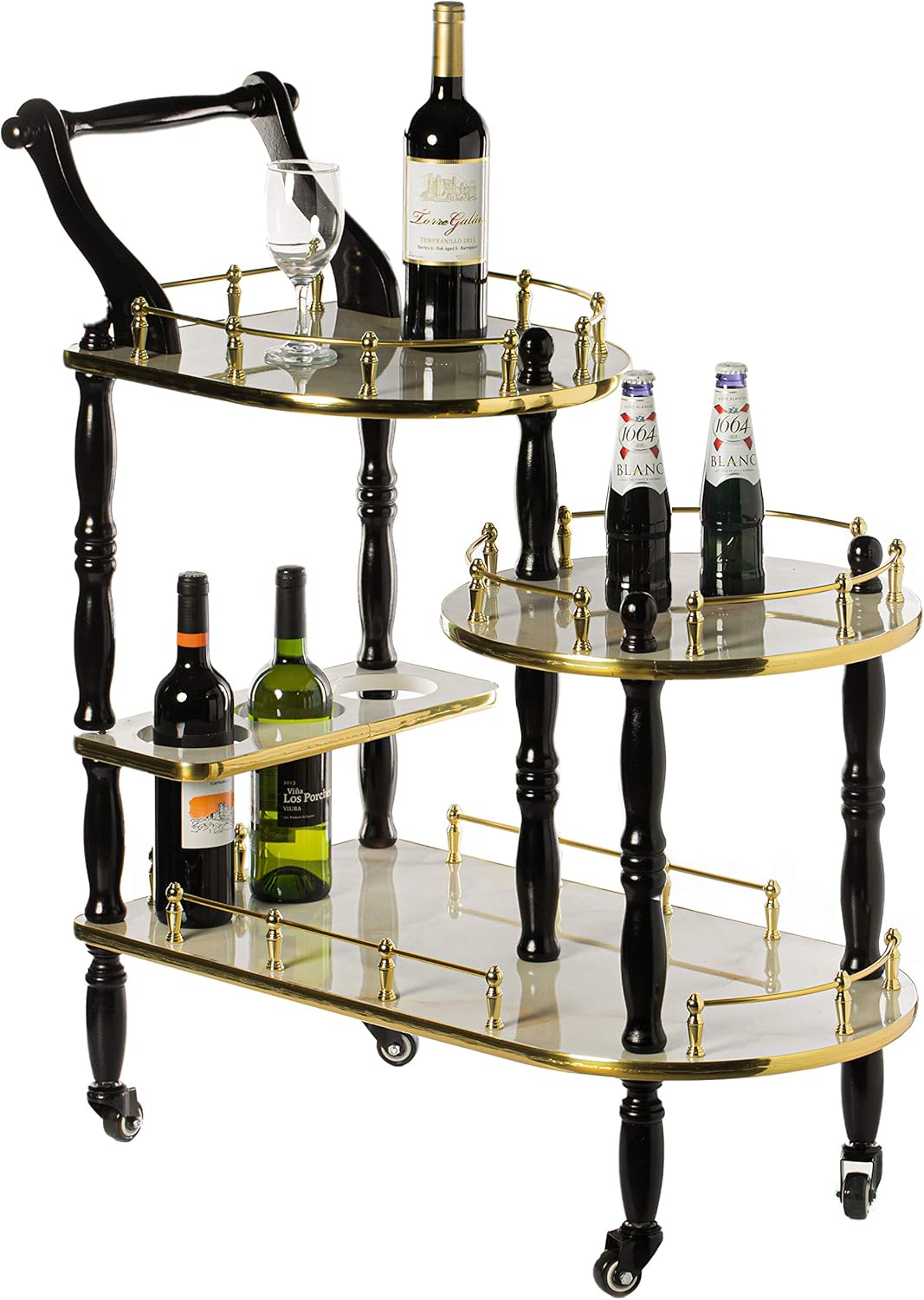 Gold Black and White 3 Tier Wood Serving Bar Cart U228976
