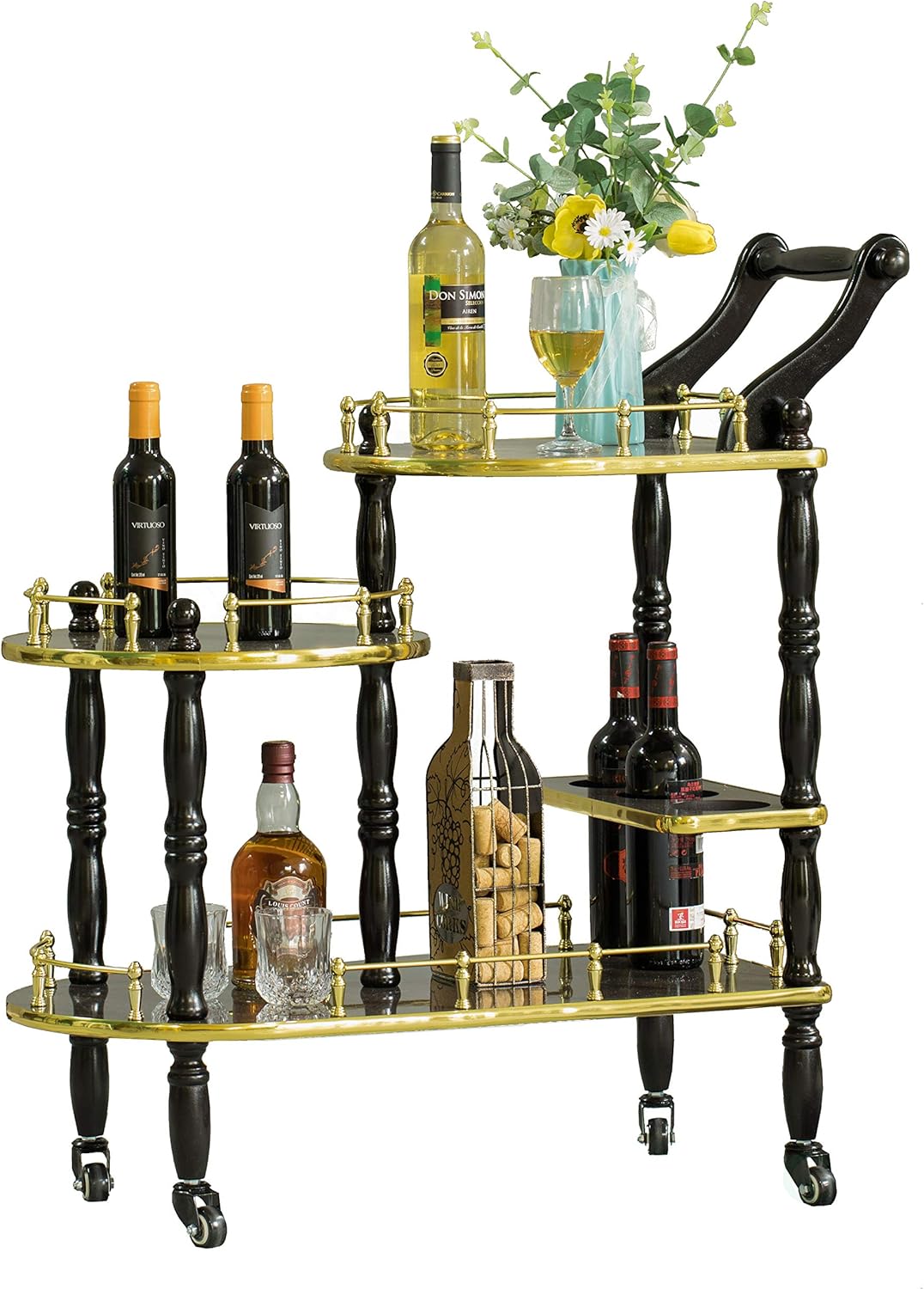 Gold Black and White 3 Tier Wood Serving Bar Cart U228976