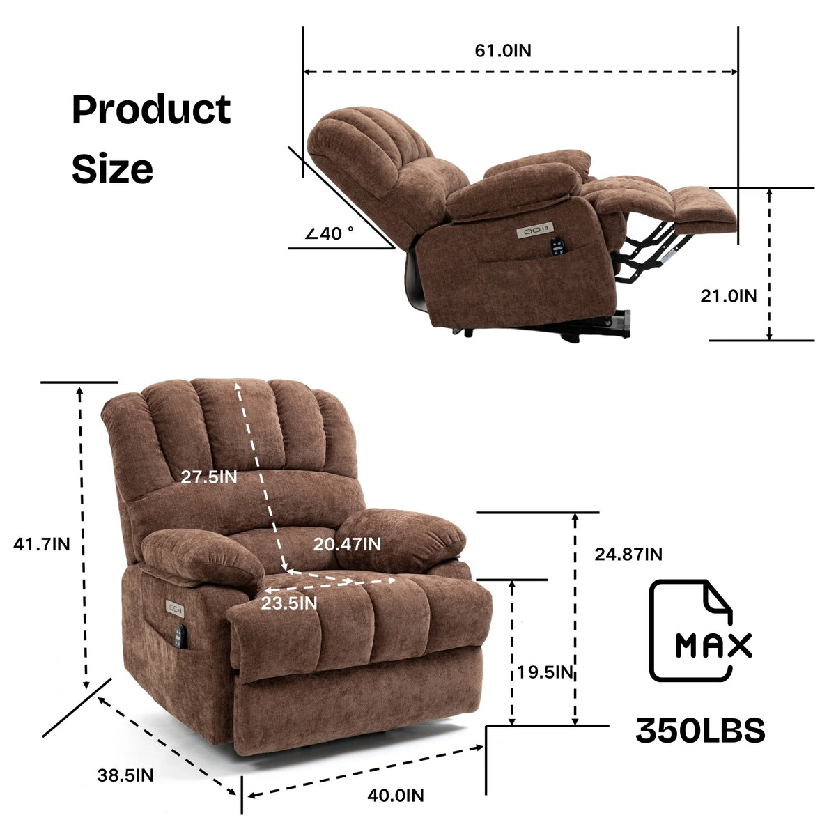 Brown Chenille Power Lift Recliner Chair with Massage and USB Port X936969
