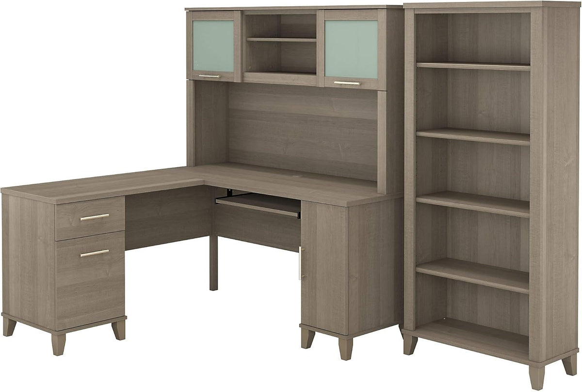 L Shaped Desk with Hutch and 5 Shelf Bookcase T4998