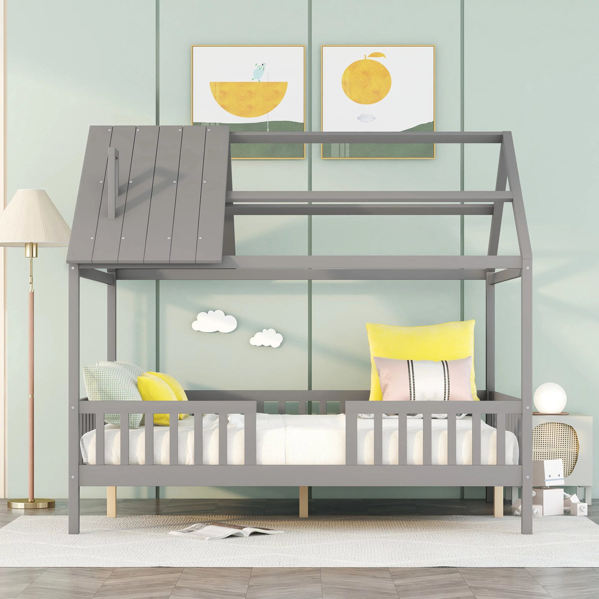 Full Size Wood Bed Frame with Roof and Fence N572671