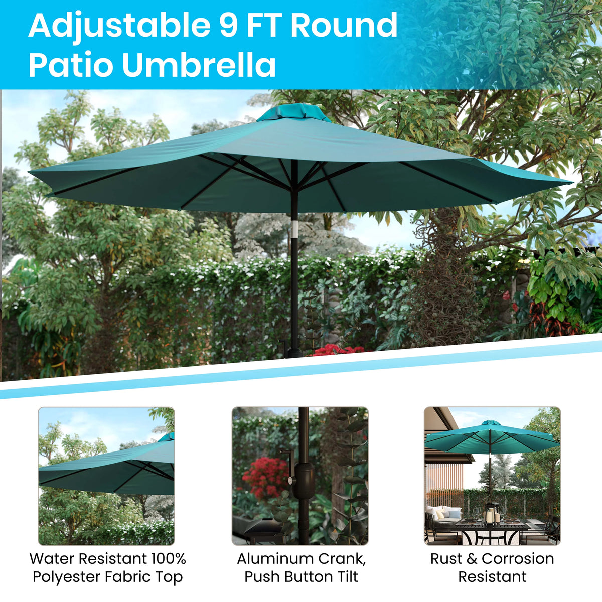3 Piece Outdoor Patio Table Set with Teal Umbrella and Base A575392