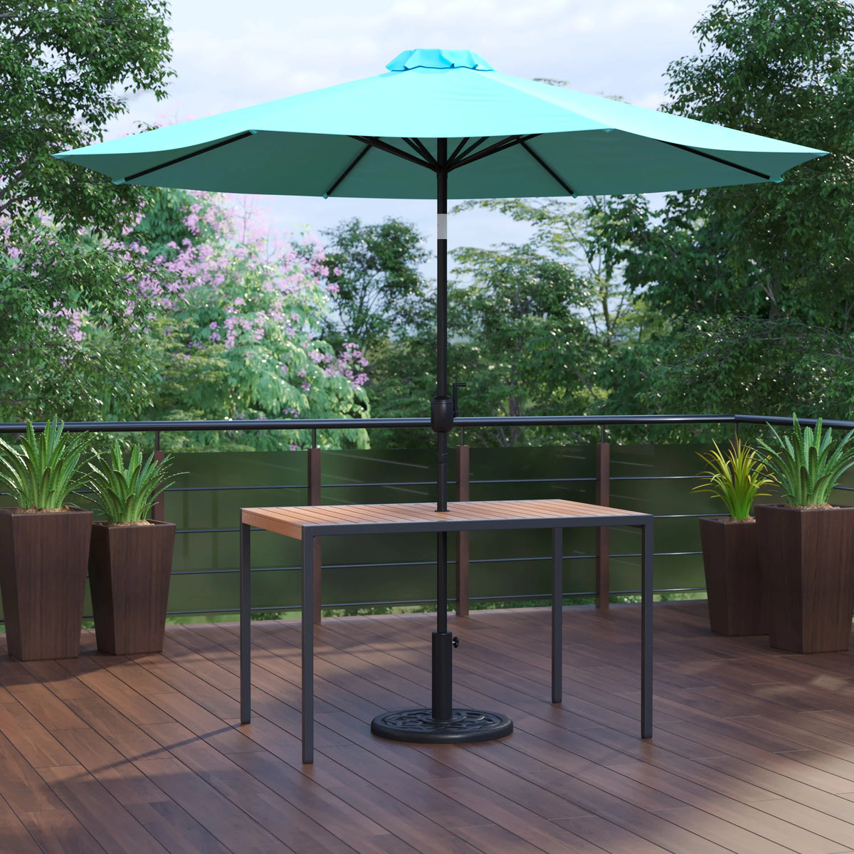 3 Piece Outdoor Patio Table Set with Teal Umbrella and Base A575392