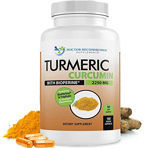 Organic Turmeric Curcumin 2250mg Veggie Capsules with Black Pepper Extract 180 Count G405