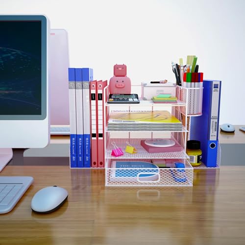 Silver Metal Mesh 4 Tier Desk Organizer with File Holder and Drawer Holder L1616