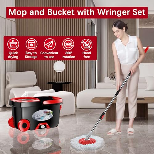 360° Spin Mop and Bucket Set with Wringer, 6 Microfiber Heads, Black K6228