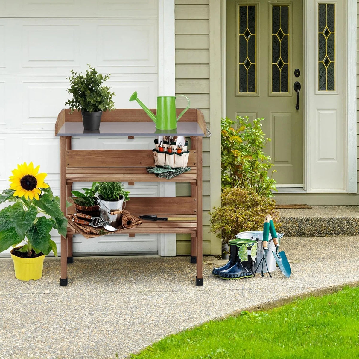 Brown Wooden Potting Bench with Metal Tabletop and Storage Shelf F390546