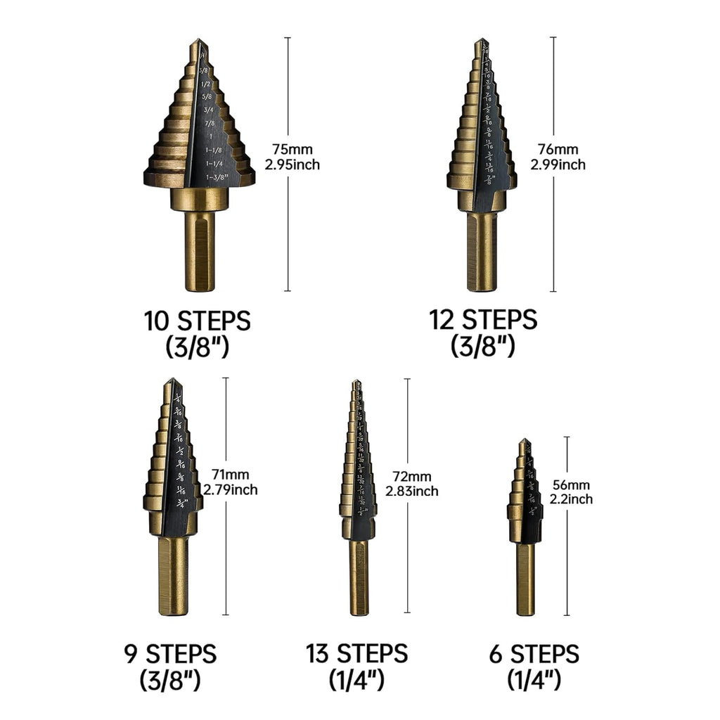 5 Pc HSS Titanium Coated Step Drill Bit Set with Aluminum Case A431