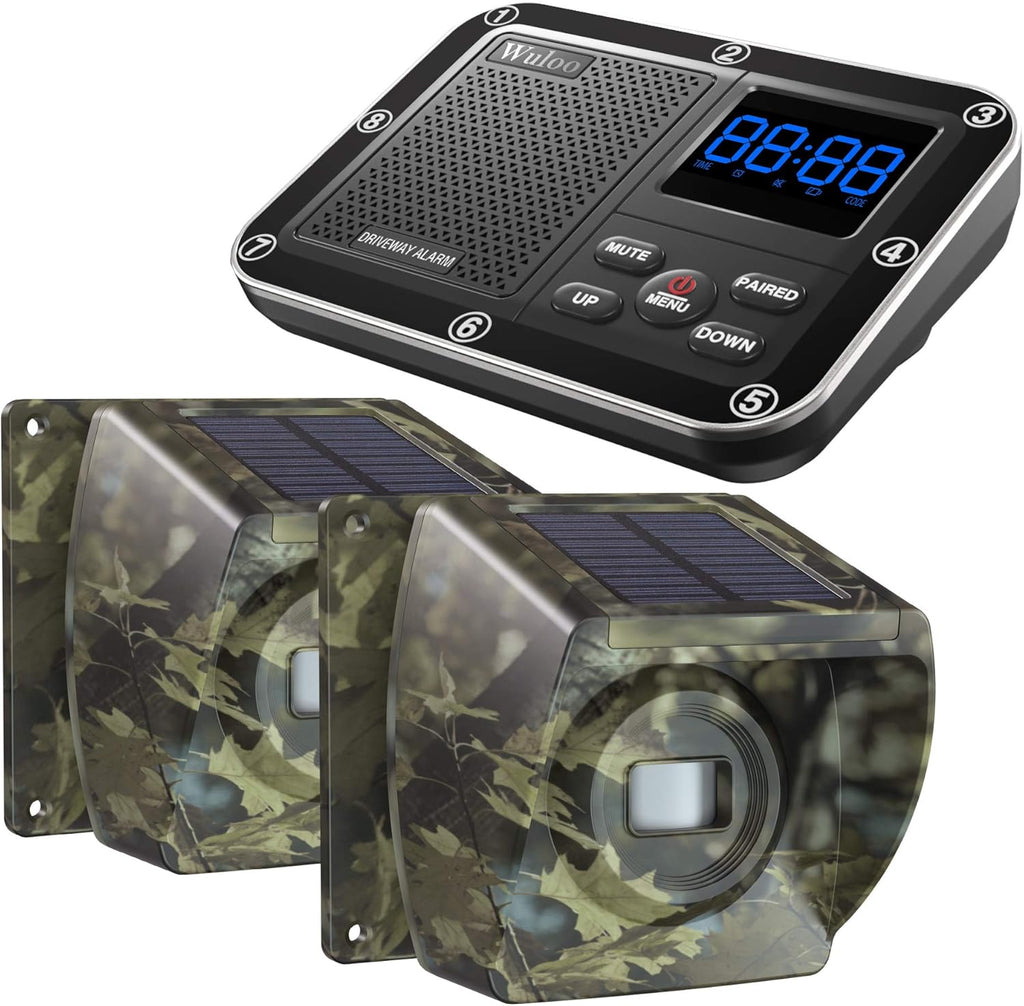 Solar Driveway Alarm Wireless Outdoor Motion Sensor Detector System with Rechargeable Battery Weatherproof Mute Mode 1&4-Camouflage K32393