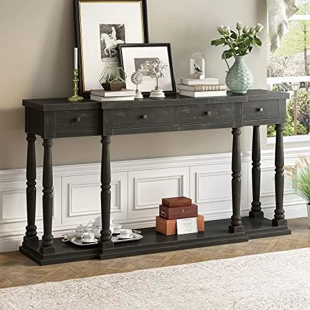 Vintage Wooden Console Table with 4 Drawers and Bottom Shelf Antique Black B109446