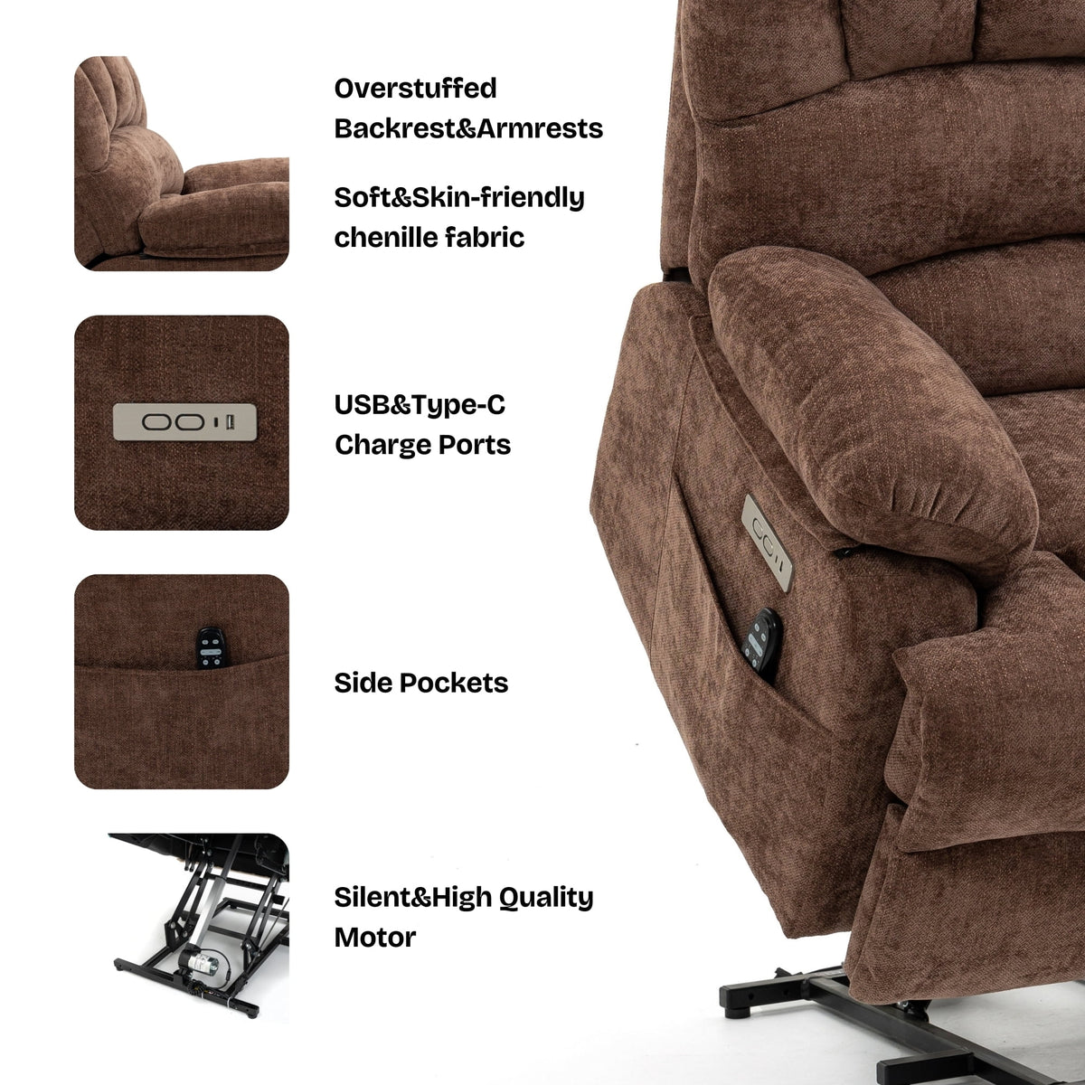 Brown Chenille Power Lift Recliner Chair with Massage and USB Port X936969