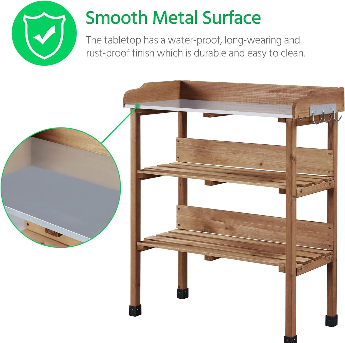 Brown Wooden Potting Bench with Metal Tabletop and Storage Shelf F390546
