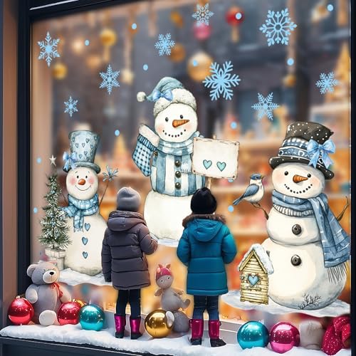 13.8 x 35.4'' Extra Large Christmas Window Clings 3 Sheets Blue Snowman Snowflake Window Stickers Double Sided Glass Decals G736981