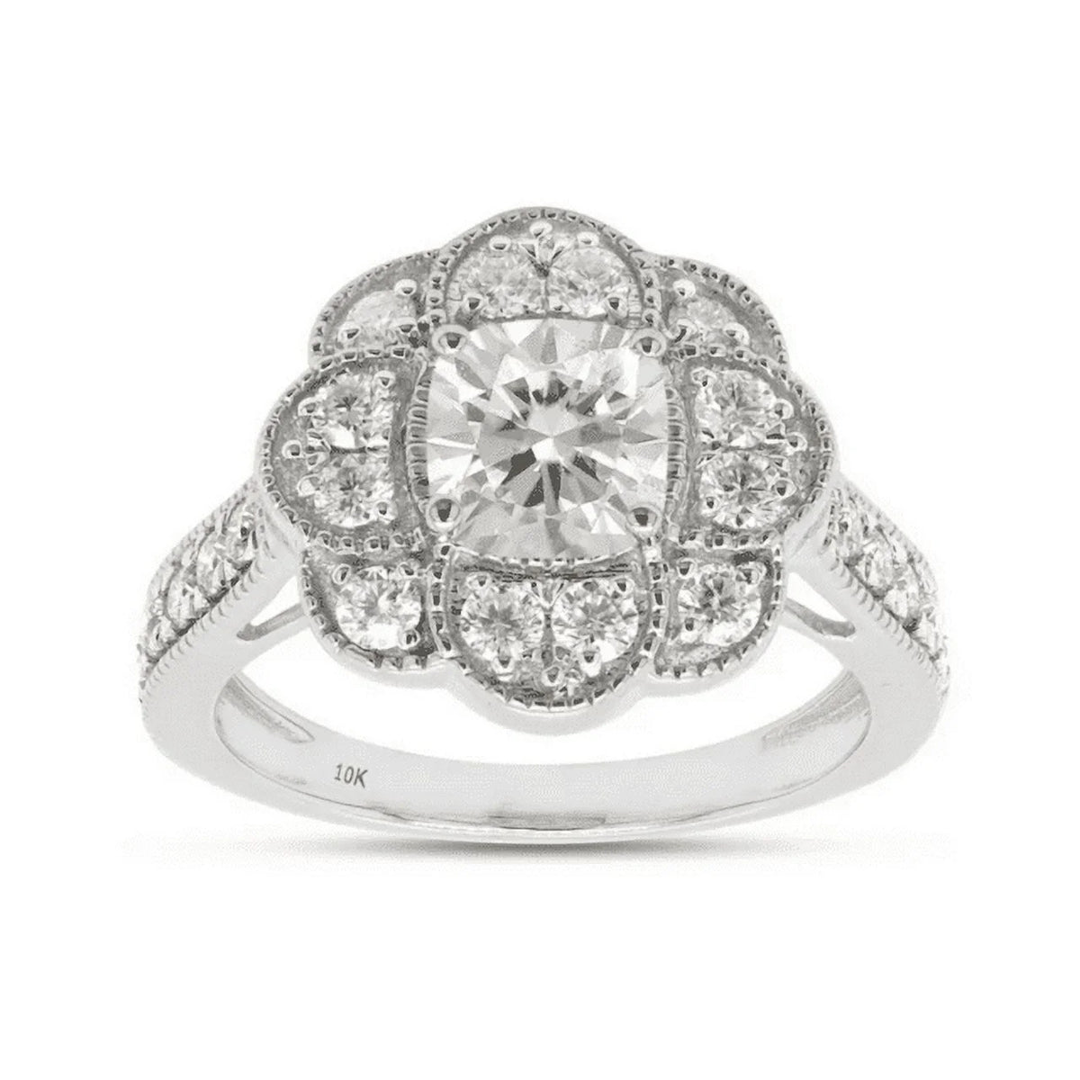 Cushion Cut Moissanite 10K White Gold Halo Ring E389