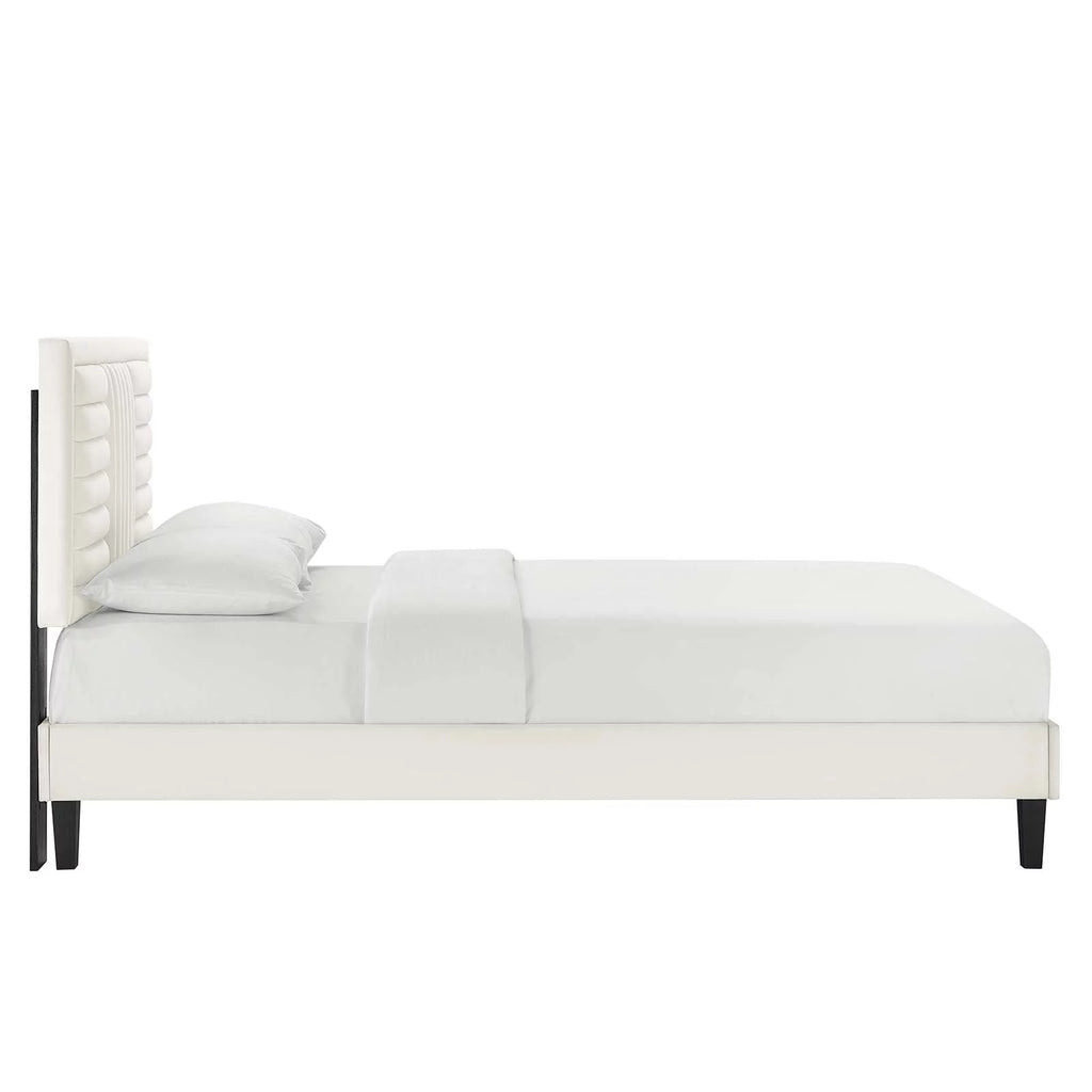 White Channel Tufted Performance Velvet Queen Platform Bed J4572