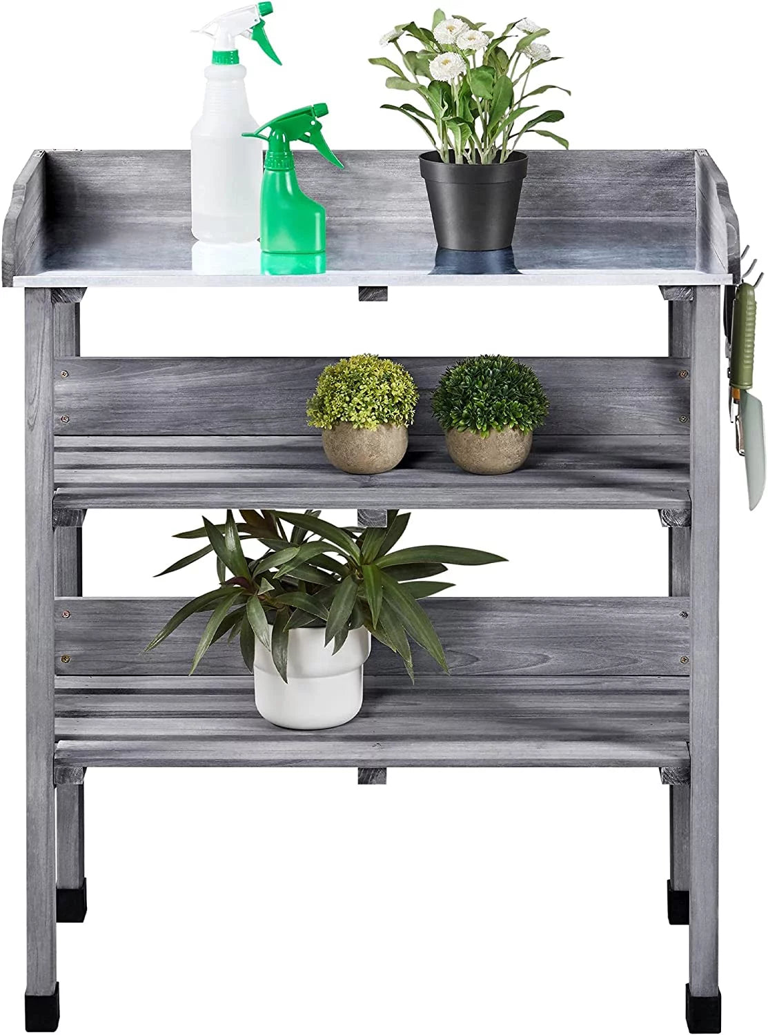 Brown Wooden Potting Bench with Metal Tabletop and Storage Shelf F390546