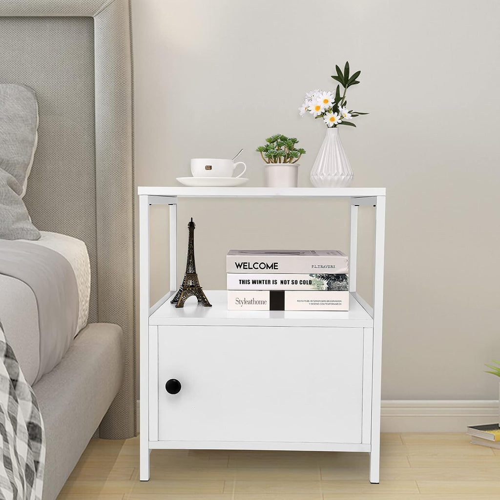 Industrial Bedside Table with Storage Cabinet and Open Shelves H17933