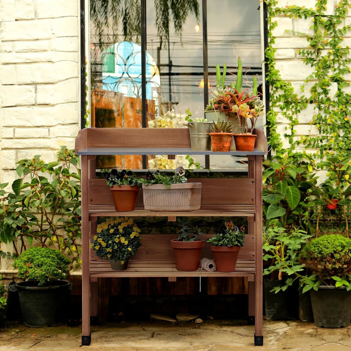 Brown Wooden Potting Bench with Metal Tabletop and Storage Shelf F390546