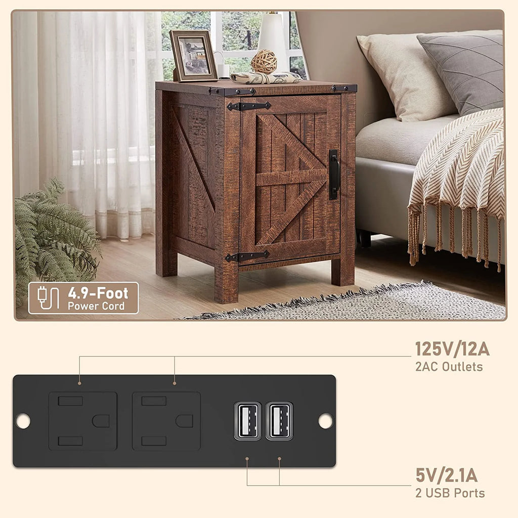 Light Rustic Oak Wood Metal End Side Table with Charging Station D353