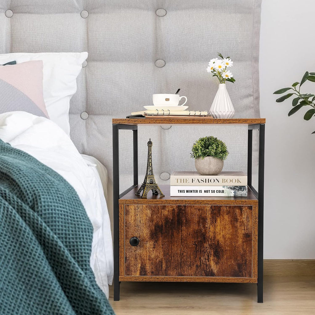 Industrial Bedside Table with Storage Cabinet and Open Shelves H17933