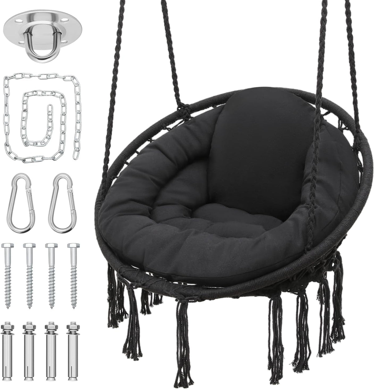 Black Hanging Hammock Chair with Large Padded Cushion, 350 Lbs Capacity J21184