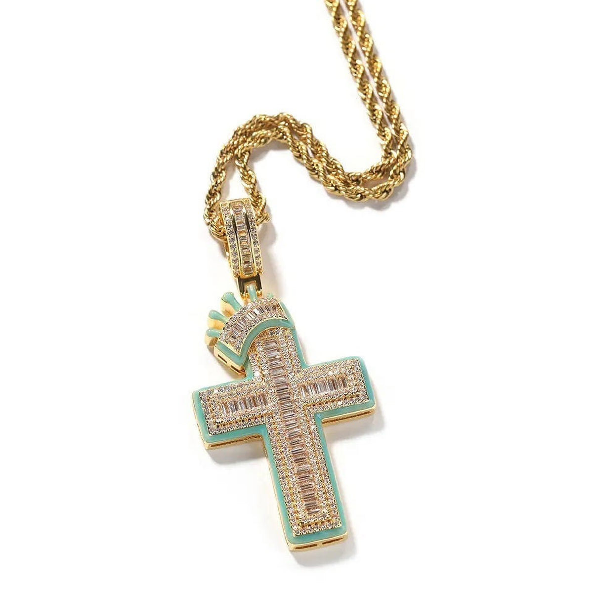 14K Gold Over Finish Simulated Diamond Crucifix Cross Charm Pendant Necklace L7618
