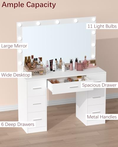 White Vanity Table with Lighted Mirror and Drawers Q396039