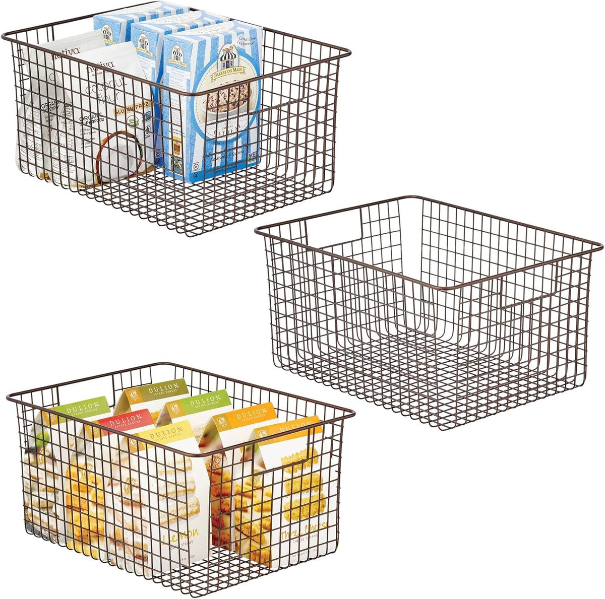 Metal Wire Food Organizer Storage Bin Baskets with Handles, 3 Pack, Bronze U919