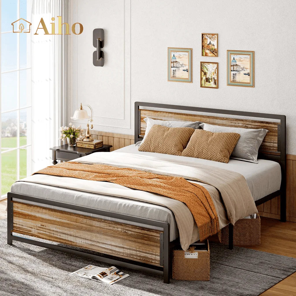 Queen Size Metal Platform Bed Frame with Wooden Headboard Footboard H59702