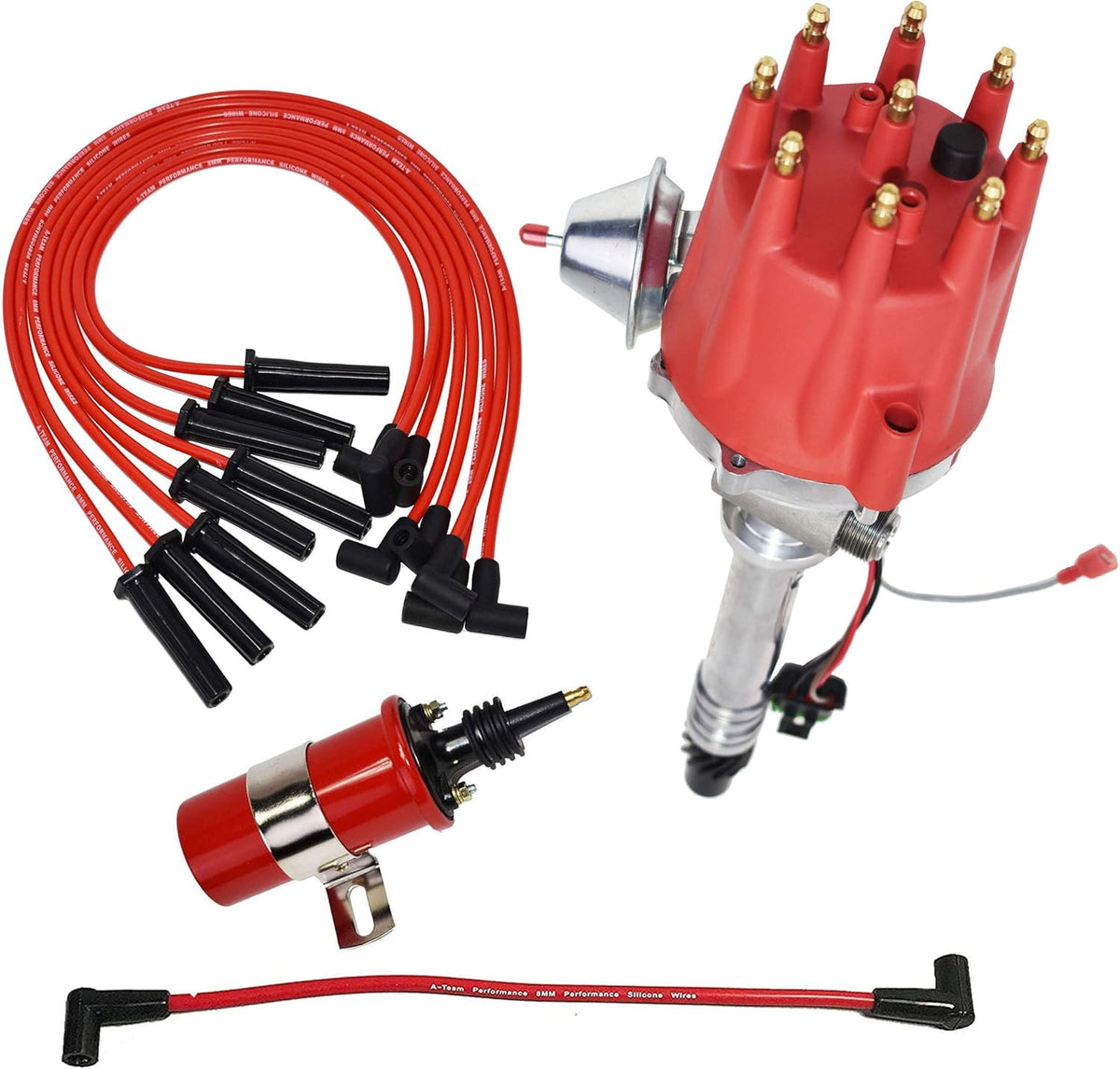 Red 8.0mm Spark Plug Wires & 45K Volt Coil Distributor G63892
