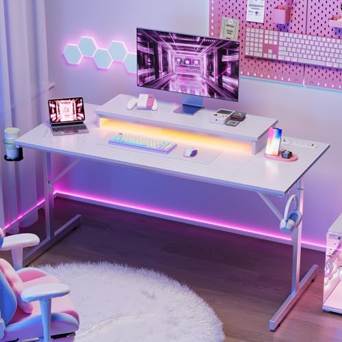 52 inch Gaming Desk with Power Outlets and USB Charging Ports, LED Lights, Monitor Stand, Carbon Fiber Black K8525