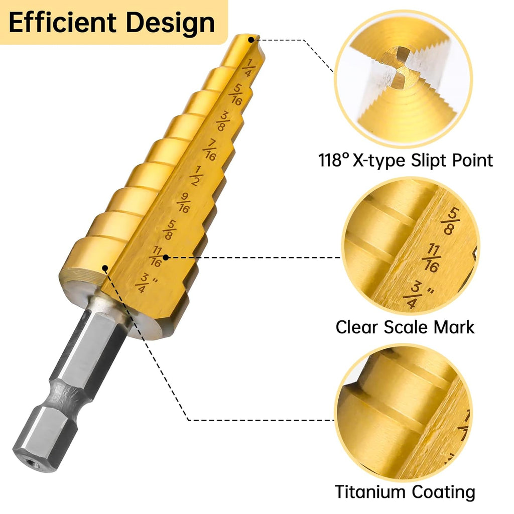 5 Pc HSS Titanium Coated Step Drill Bit Set with Aluminum Case A431