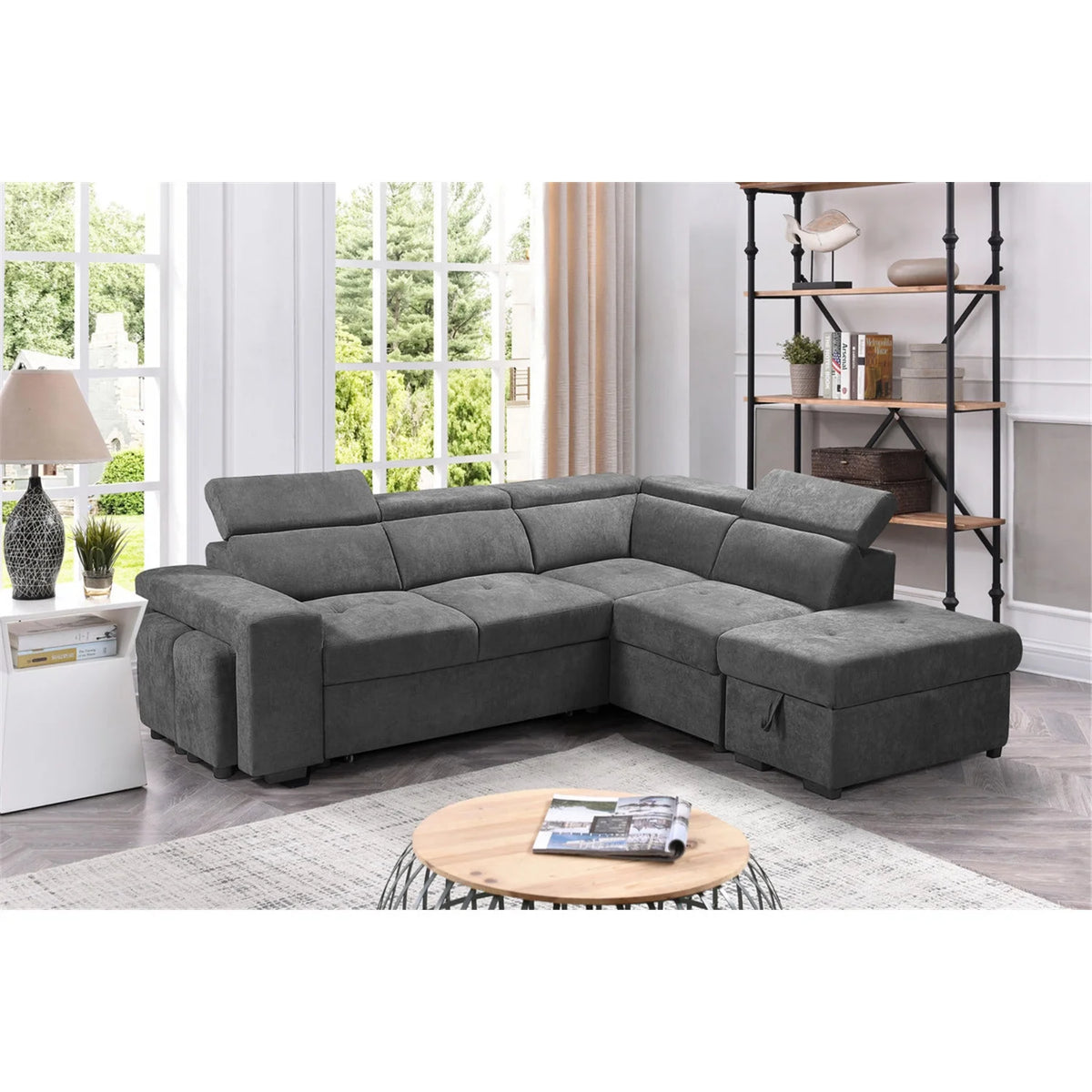 Light Gray Sleeper Sectional Sofa with Storage Ottoman and 2 Stools C7627