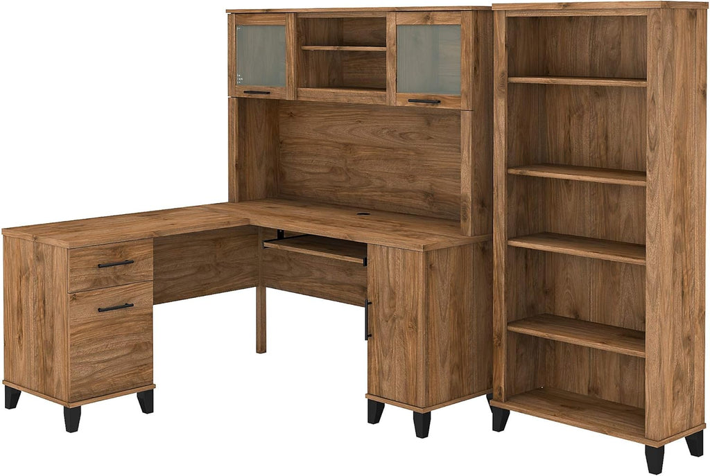 L Shaped Desk with Hutch and 5 Shelf Bookcase T4998