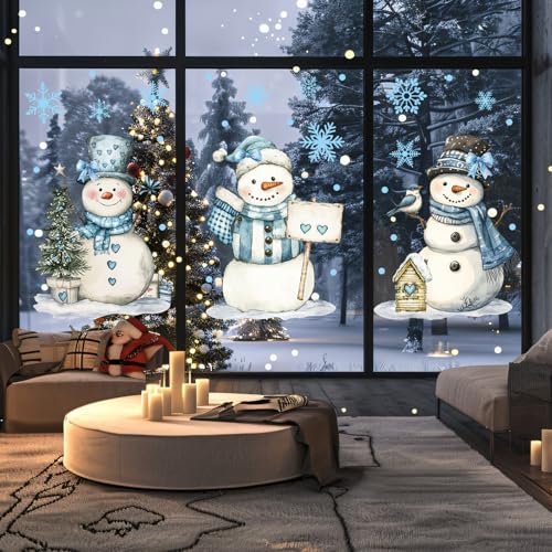 13.8 x 35.4'' Extra Large Christmas Window Clings 3 Sheets Blue Snowman Snowflake Window Stickers Double Sided Glass Decals G736981