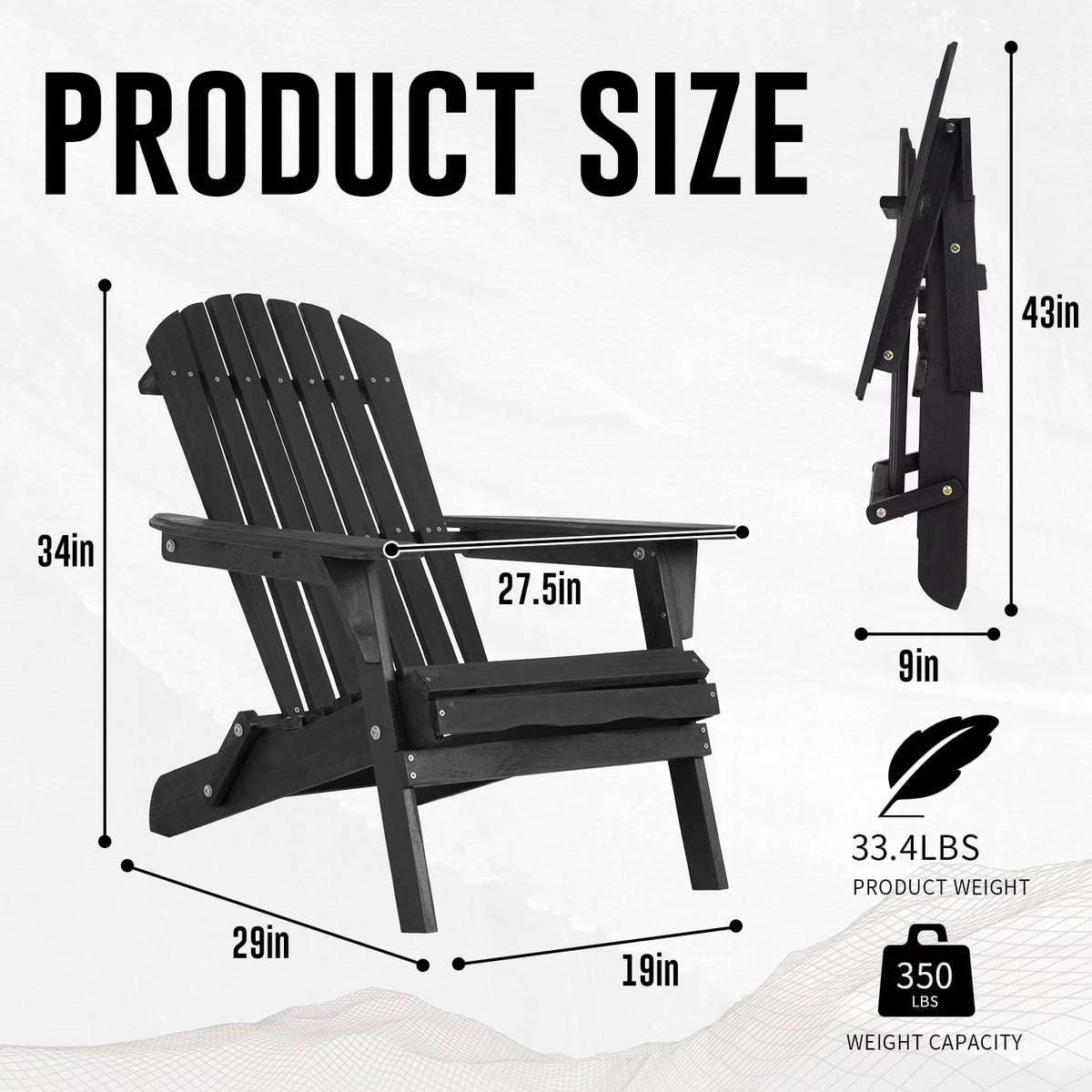 Folding Adirondack Chair Set of 2 Weather Resistant Wood Patio Chair Black P4602