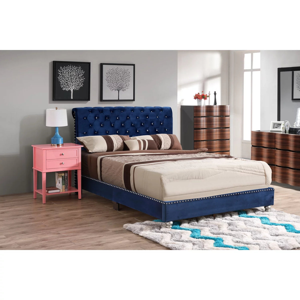 Tufted Upholstered Bed with Navy Blue Finish F871
