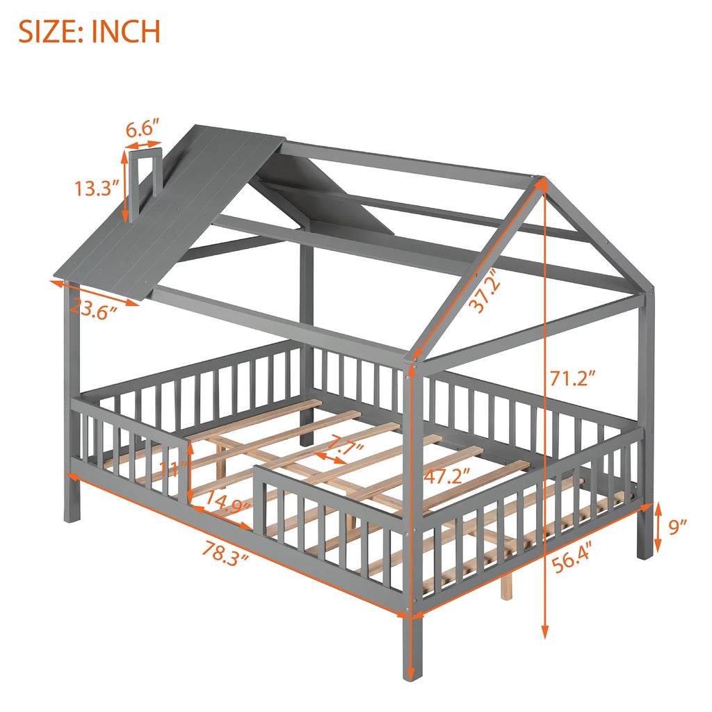 Full Size Wood Bed Frame with Roof and Fence N572671