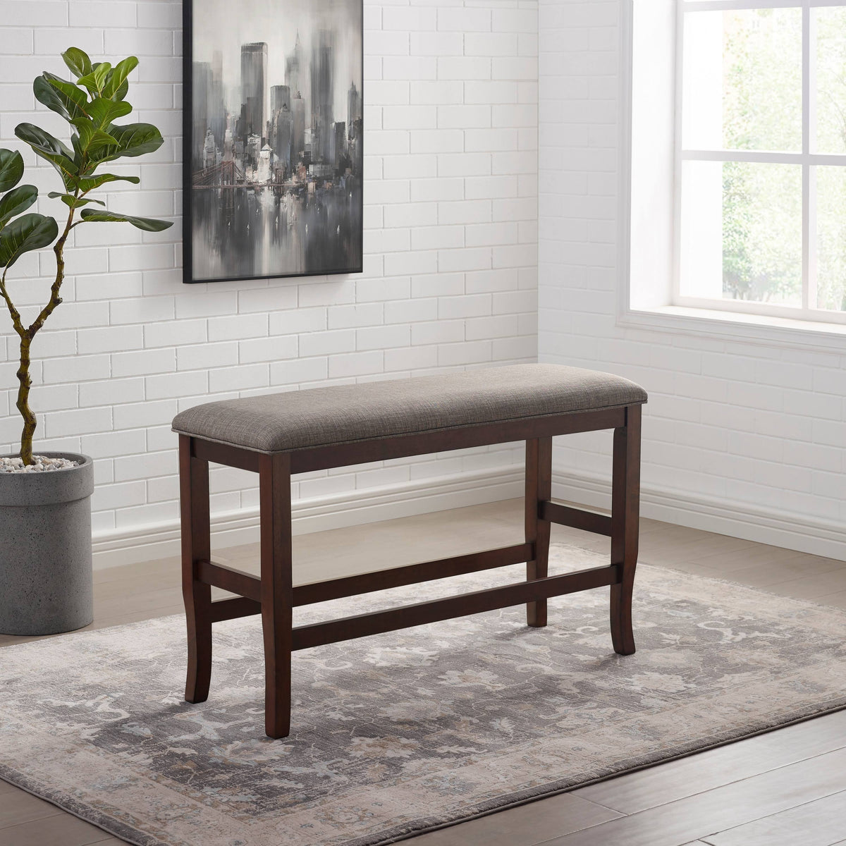 Counter Height Dining Bench Brown Cherry Dark Grey Fabric Y75709