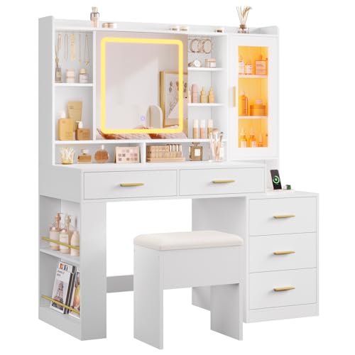 White 47.2"W Vanity Desk with Sliding LED Lighted Mirror, Drawers, Shelves and Side Storage V683865