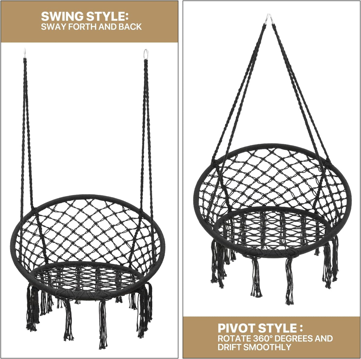 Black Hanging Hammock Chair with Large Padded Cushion, 350 Lbs Capacity J21184
