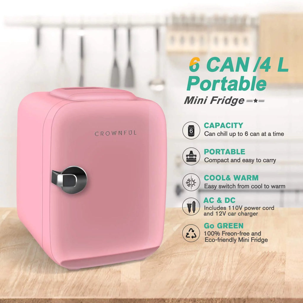4 Liter 6 Can Portable Cooler and Warmer Pink Mini Fridge V52191