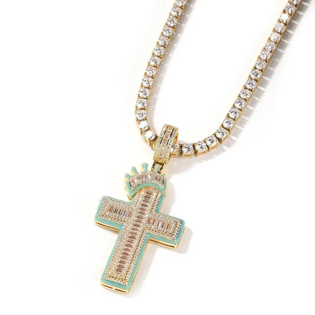 14K Gold Over Finish Simulated Diamond Crucifix Cross Charm Pendant Necklace L7618