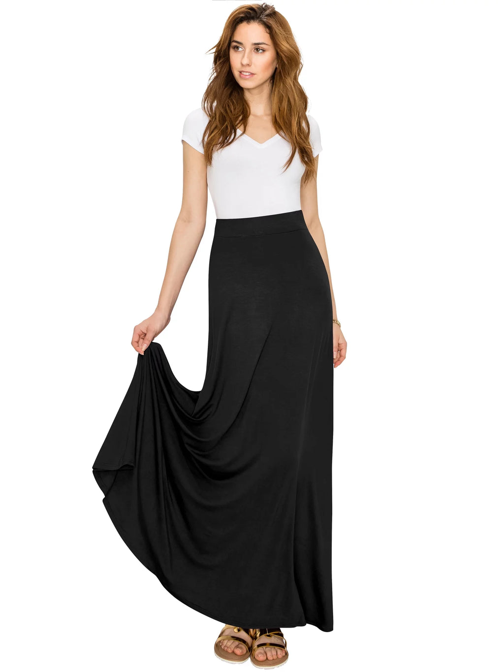 Solid Maxi Skirt with Elastic Waist Band H5669