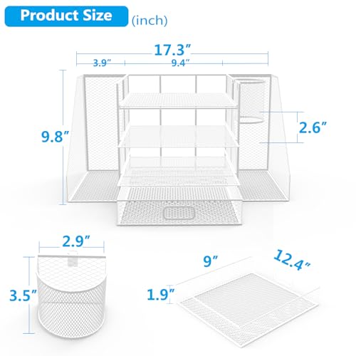 Silver Metal Mesh 4 Tier Desk Organizer with File Holder and Drawer Holder L1616